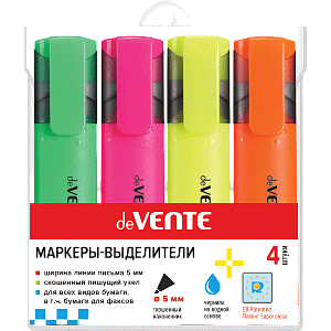 набор 4-х текстмаркеров 1-4мм (желт,зел,оран,роз) плоский корпус, 5045319/5045329 /devente