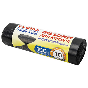 мешки для мусора 160л 10шт/рул. 90*120см пвд 30мкм прочные, черные, 607694 /лайма