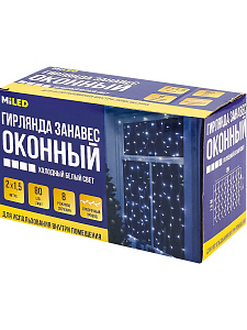 эл.гирл. 80led занавес 8реж.холодный белый 2*1,5м белая. нить гз-0036 /miland