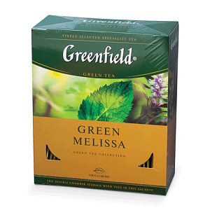 чай greenfield green melissa зеленый с мелиссой, 100пак.в конвертах по 1,5г, 0879-09 изображение чай greenfield green melissa зеленый с мелиссой, 100пак.в конвертах по 1,5г, 0879-09