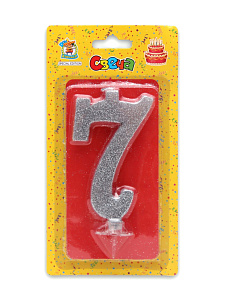 свеча тортовая "7" серебряный глиттер (малая) с-1835 /дон карнавал