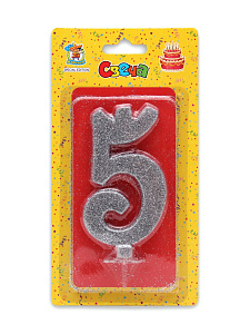 свеча тортовая "5" серебряный глиттер (малая) с-1833 /дон карнавал