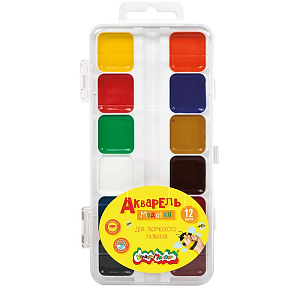акварель 12цв., пластик.коробка, амккм12е, 3+ /каляка-маляка 