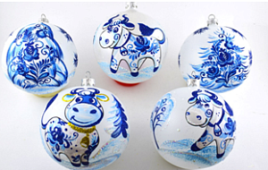 шар 5 зимние мотивы. коровка гжель к/у нп-2588 /бирюсинка