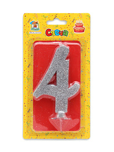 свеча тортовая "4" серебряный глиттер (малая) с-1832 /дон карнавал